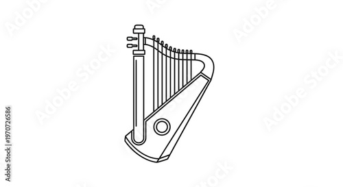 Outline illustration of a harp, a stringed musical instrument, isolated on white background.