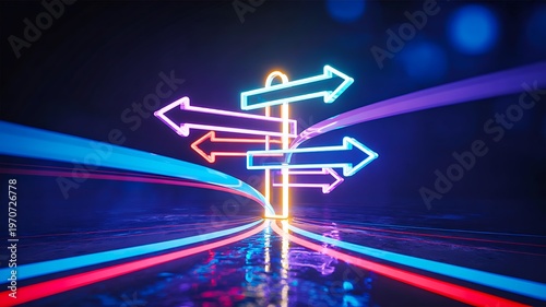 Neon directional arrows sign glowing in dark futuristic navigation concept 