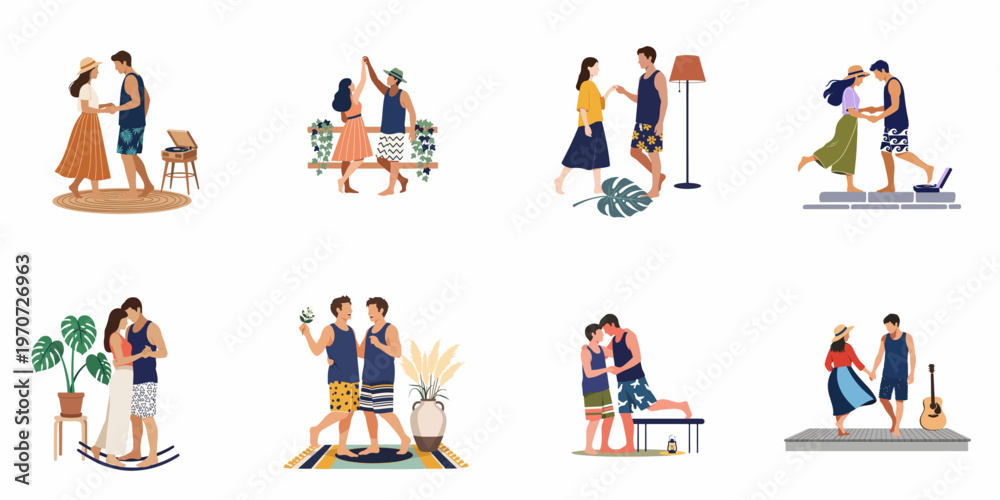 Fototapeta premium Collection of diverse romantic couples enjoying intimate moments and summer activities in a modern flat illustration style.