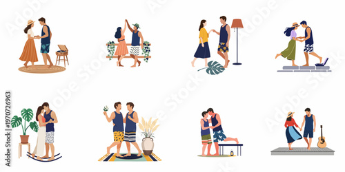 Collection of diverse romantic couples enjoying intimate moments and summer activities in a modern flat illustration style.