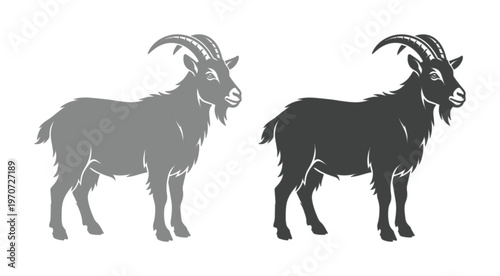 Vintage goat vector illustration set, rustic farm animal silhouettes with horns, black and grey mountain goat icons for butchery or dairy branding