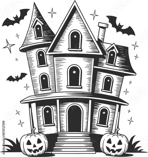 Spooky haunted house illustration with bats and jackolanterns for halloween, black and white line art style