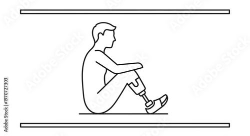 Man with prosthetic leg sitting down, line art illustration, disability, adaptation