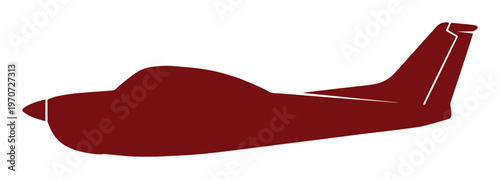Minimalist small airplane silhouette vector, maroon light aircraft profile icon, private propeller plane side view for aviation branding and logos