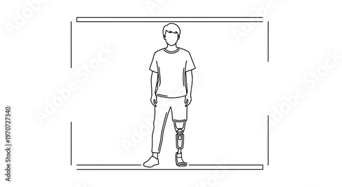 Man with prosthetic leg standing, line drawing, disability, modern prosthesis