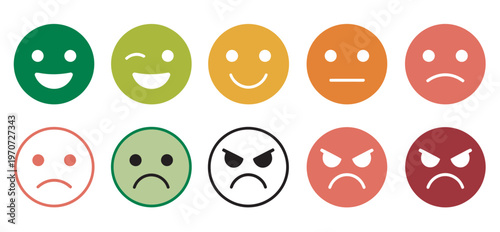Customer satisfaction rating emoji set, face icons collection, feedback scale vector, happy neutral sad reactions, review and survey graphics