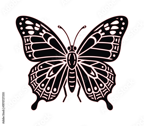 Black butterfly vector silhouette, elegant monarch butterfly icon with detailed wing patterns, decorative insect illustration for nature branding