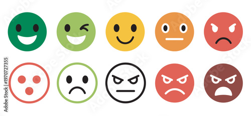 Customer satisfaction rating scale, emoji face icons set, feedback survey vector, happy neutral sad reactions, review and rating graphics