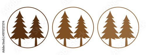 Minimalist pine tree logo set, brown evergreen forest icons in circular frames, rustic spruce tree vector collection for branding and outdoor labels
