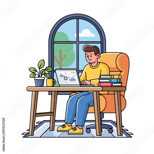 A man works on laptop by window with books