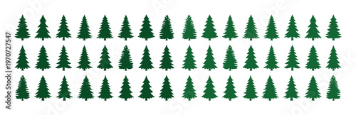 Minimalist pine tree silhouettes, collection of 45 green evergreen icons, flat vector forest fir symbols for outdoor branding and winter holiday design