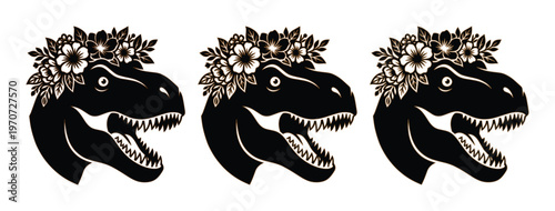 Vintage Tyrannosaurus Rex head silhouette with floral crown, black dinosaur t-rex profile vector set, prehistoric reptile with flower wreath