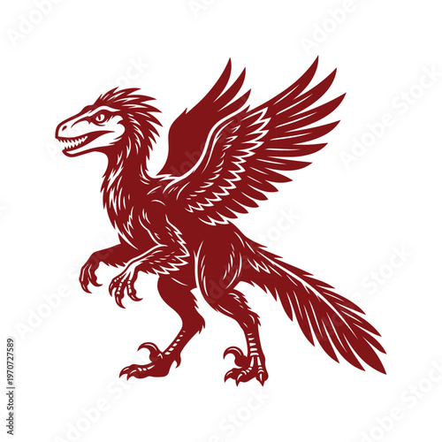 Vintage feathered raptor dinosaur mascot, mythical winged dromaeosaurid creature, red woodcut style prehistoric bird vector illustration