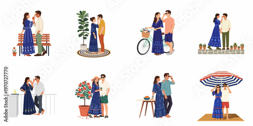Collection of flat vector illustrations showing a romantic couple in various vacation and summer scenes, enjoying leisure activities and each other's company.
