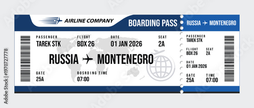 Airline boarding pass russia to montenegro with flight details and barcodes airline ticket