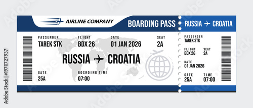 Airline boarding pass ticket for russia to croatia flight travel