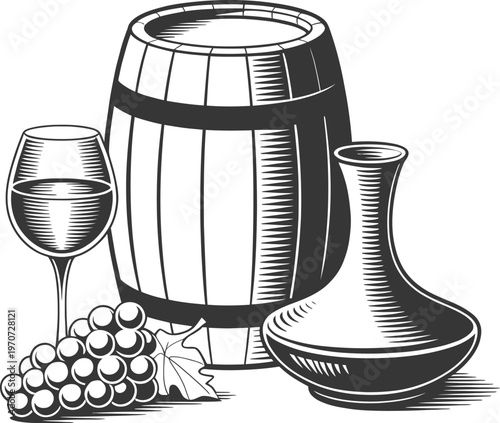 Wine barrel, glass, decanter and grapes vector illustration