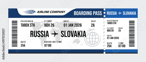 Airline boarding pass for flight from russia to slovakia with passenger details and travel information