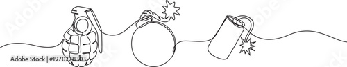 Explosive Weapons Continuous One Line Drawing Bomb, Grenade, Dynamite Illustration