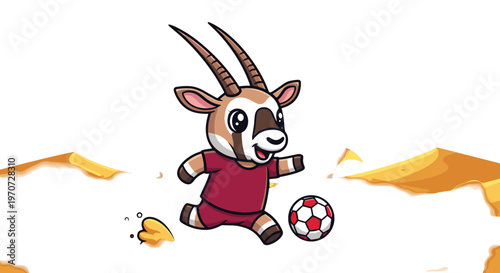 Cartoon oryx character playing soccer in desert dunes wearing maroon soccer jersey