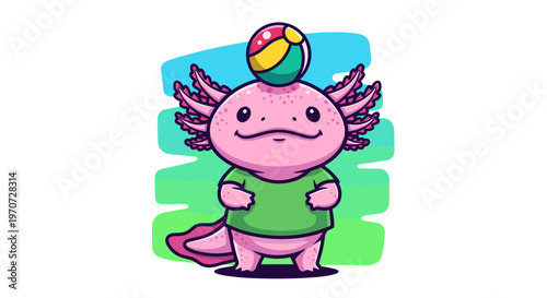 Cute pink axolotl wearing green t shirt balancing colorful ball on head