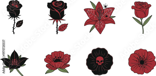 Collection of dark gothic floral illustrations featuring roses and lilies with red and black accents perfect for tattoo designs or edgy graphic elements