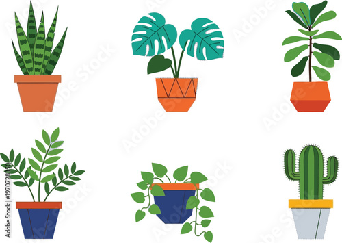 Collection of potted houseplants diverse indoor plants in decorative pots flat vector illustration for home decor and lifestyle concepts isolated on white