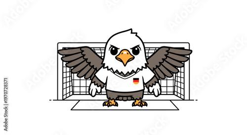 Cartoon eagle mascot wearing soccer jersey with german flag ready to play in goal