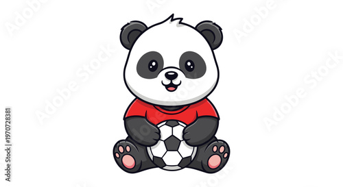 Cute cartoon panda wearing a red shirt holding a soccer ball isolated on white