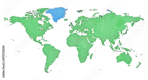 Stylized world map graphic with green continents and blue greenland on white