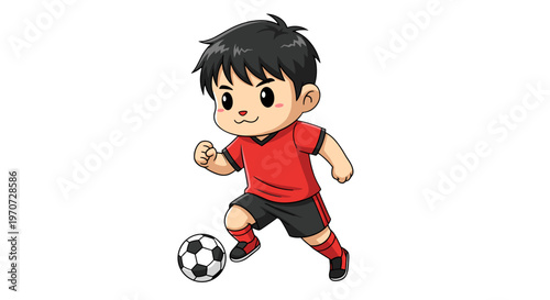 Adorable cartoon boy in red soccer uniform dribbling a ball with determination