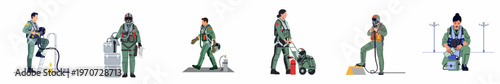 Collection of flat vector illustrations depicting male and female military fighter pilots in flight gear performing various ground and pre-flight activities.