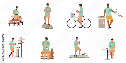 Flat Vector Illustration Set of a Man Staying Hydrated While Engaging in Various Summer Outdoor Activities Like Biking, Hiking, and Relaxing.