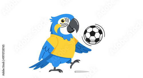 Blue and yellow macaw bird wearing a yellow t shirt plays with a soccer ball