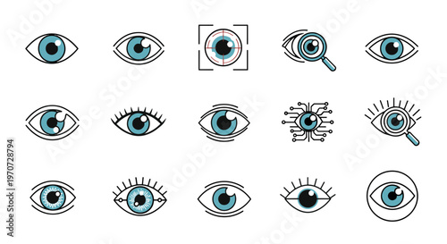 Collection of eye icons representing vision surveillance technology and data