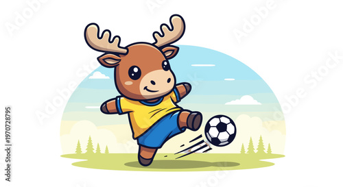 Cute cartoon moose character playing soccer on a grassy field with blue sky