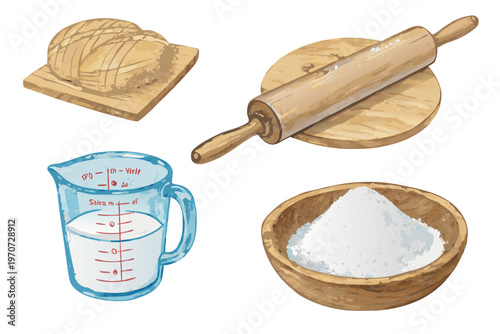 Hand-Drawn Sketch of Rolling Pin, Flour, Water Jug, and Bread Dough on transparent Background. Steps for Making Homemade Bread: From Raw Flour to Kneaded Dough.