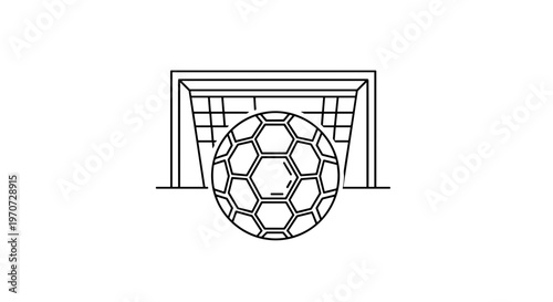 Clean line art illustration of a soccer ball in front of a goal net