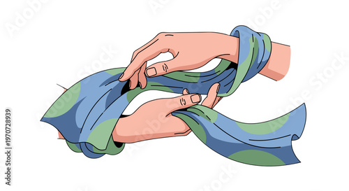 Close up of two hands gently holding and manipulating a flowing blue and green
