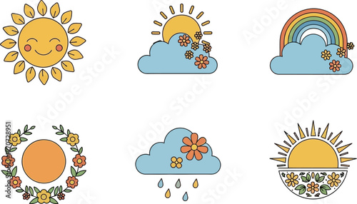 Retro groovy sun and rainbow icons set of cheerful weather symbols with floral elements for summer design isolated on white