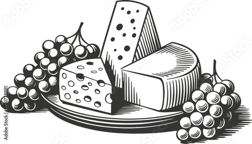 Illustration of a cheese platter with various types of cheese and clusters of grapes