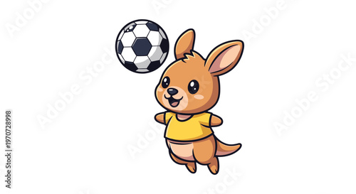 Cute cartoon kangaroo wearing a yellow t shirt playing with a soccer ball
