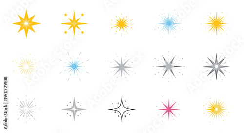 Collection of sparkling starbursts and light flashes in various colors and sizes