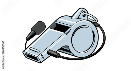 Silver metal whistle with black lanyard and mouthpiece isolated on white background