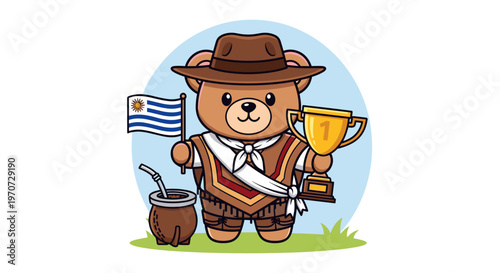Cartoon gaucho bear holding trophy and uruguayan flag with yerba mate