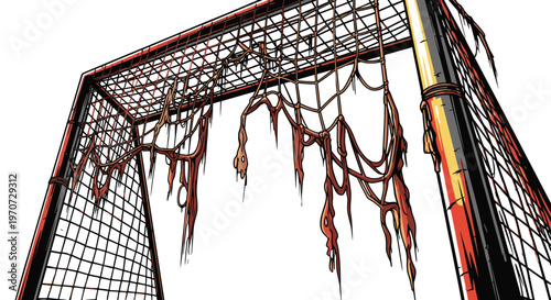 Dilapidated soccer goal net with ripped ropes hanging down against a white