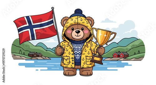 Cute cartoon bear in yellow raincoat holding trophy and norwegian flag with fjord
