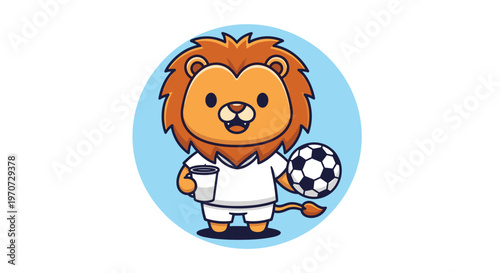 Cute cartoon lion in soccer uniform holding a ball and a coffee cup