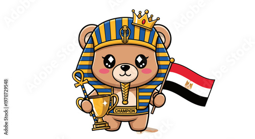 Cute cartoon bear pharaoh holding golden trophy and egyptian flag kawaii style