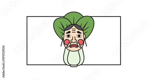 Japanese Noh Mask Character with Green Leaf Headdress and Red Cheeks